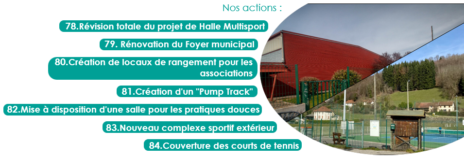 78.Révision totale du projet de Halle Multisport
79. Rénovation du Foyer municipal
80.Création de locaux de rangement pour les associations
81.Création d'un "Pump Track"
82.Mise à disposition d'une salle pour les pratiques douces
83.Nouveau complexe sportif extérieur
84.Couverture des courts de tennis
