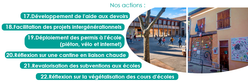 17.Développement de l'aide aux devoirs
18.Facilitation des projets intergénérationnels
19.Déploiement des permis à l'école (piéton, vélo et internet)
20.Réflexion sur une cantine en liaison chaude
21.Revalorisation des subventions aux écoles
22.Réflexion sur la végétalisation des cours d'écoles