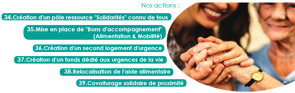 34.Création d'un pôle ressource "Solidarités" connu de tous
35.Mise en place de "Bons d'accompagnement" (Alimentation & Mobilité)
36.Création d'un second logement d'urgence
37.Création d'un fonds dédié aux urgences de la vie
38.Relocalisation de l'aide alimentaire 
39.Covoiturage solidaire de proximité 
