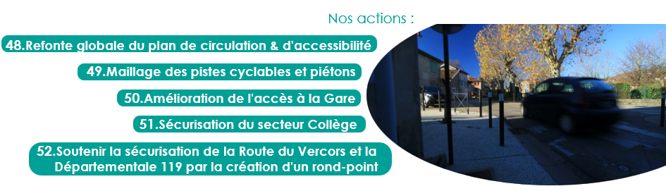 48.Refonte globale du plan de circulation & d'accessibilité
49.Maillage des pistes cyclables et piétons
50.Amélioration de l'accès à la Gare
51.Sécurisation du secteur Collège
52.Soutenir la sécurisation de la Route du Vercors et la Départementale 119 par la création d'un rond-point

